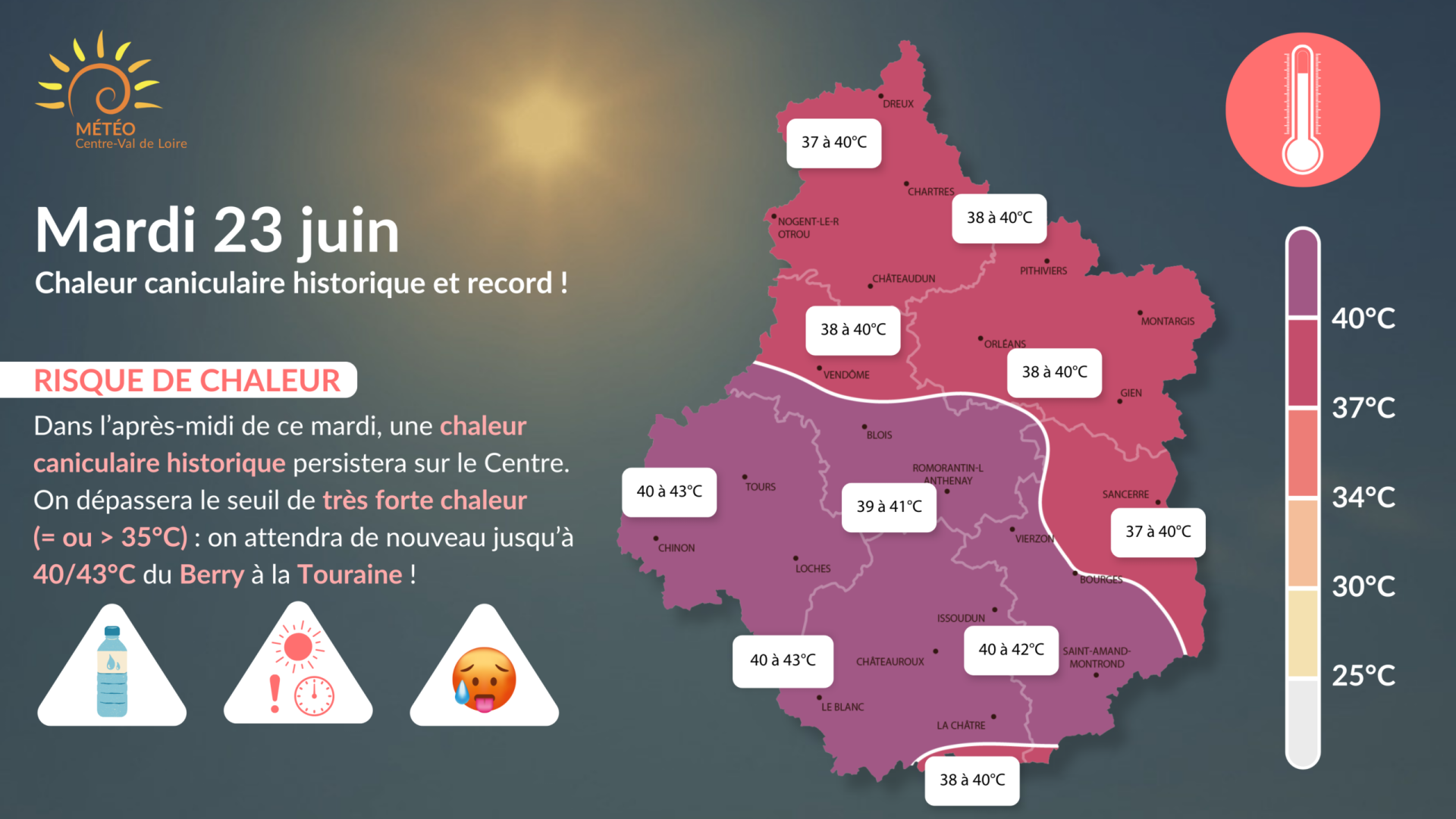 Carte risque chaleur du mardi 23 juin 2026 (copyright : Association Météo Centre - Val de Loire).